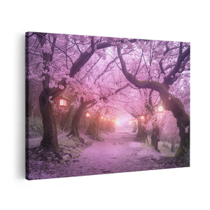 Canvas schilderij vooraanzicht Sakura Bloeit op een Pad met Lantaarns