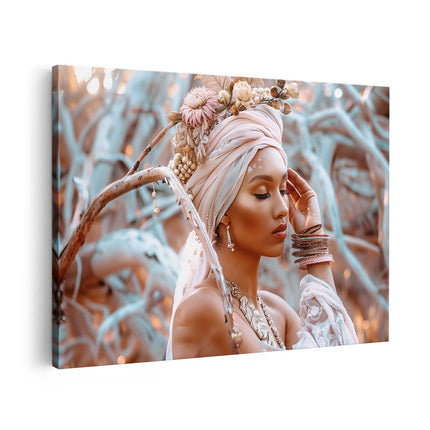 Canvas schilderij vooraanzicht Vrouw met een Tulband en Sieraden