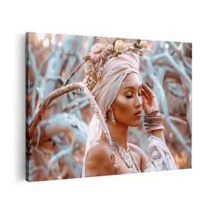 Canvas schilderij vooraanzicht Vrouw met een Tulband en Sieraden