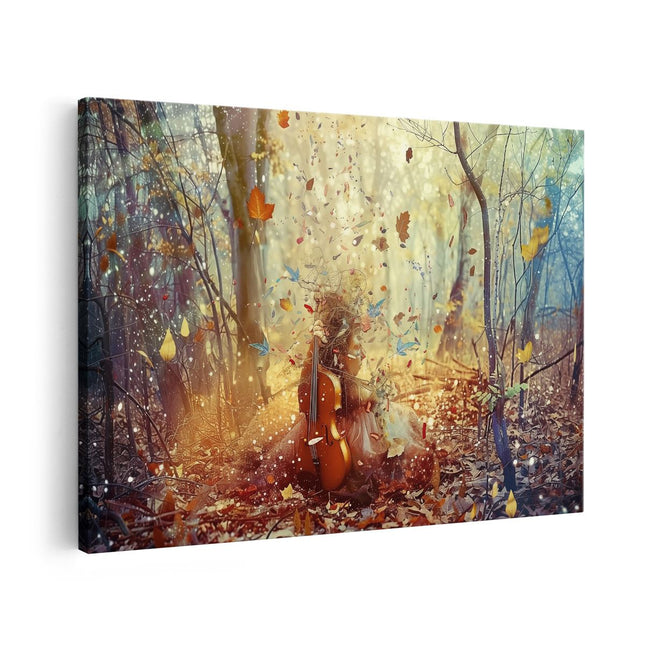 Canvas schilderij vooraanzicht Meisje speelt Cello in het Bos