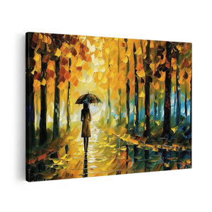 Canvas schilderij vooraanzicht Vrouw die in de Regen loopt met een Paraplu