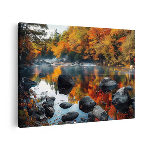 Canvas schilderij vooraanzicht Rivier Omringd door Bomen en Rotsen