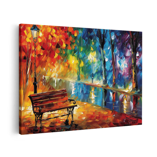Canvas schilderij vooraanzicht Kunstwerk van een Bankje in een Park