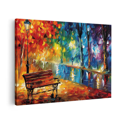 Canvas schilderij vooraanzicht Kunstwerk van een Bankje in een Park