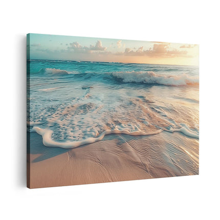 Canvas schilderij vooraanzicht Strand met Golven bij Zonsondergang