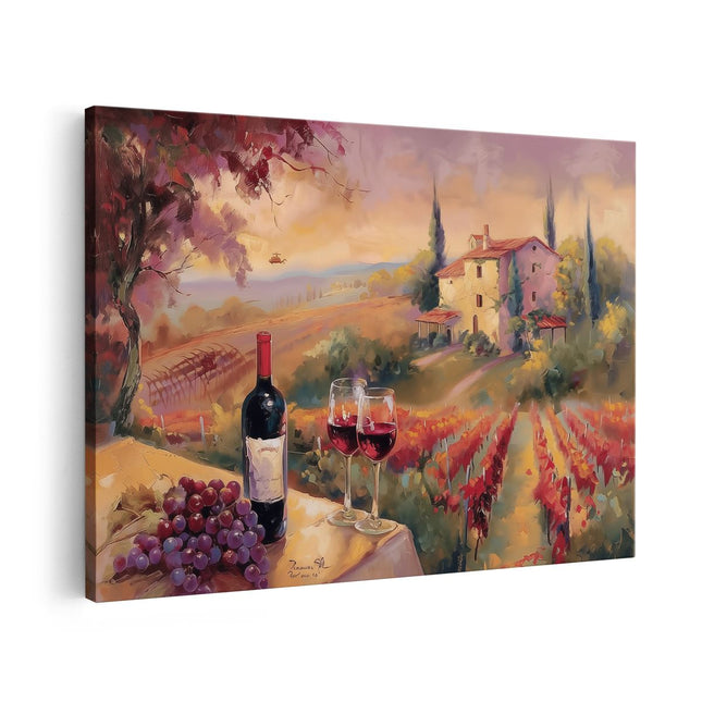 Canvas schilderij vooraanzicht Kunstwerk van Wijn en Druiven op een Tafel