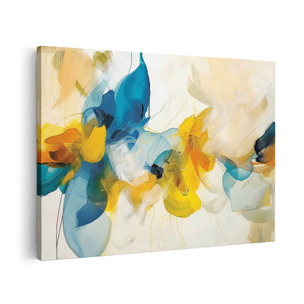 Canvas schilderij vooraanzicht Abstract Kunstwerk van Blauwe en Gele Bloemen