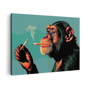 Canvas schilderij vooraanzicht Chimpansee die een Sigaret Rookt