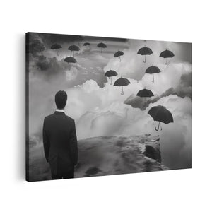 Canvas schilderij vooraanzicht Man in een Pak Kijkend naar Paraplu's die in de Lucht Vliegen
