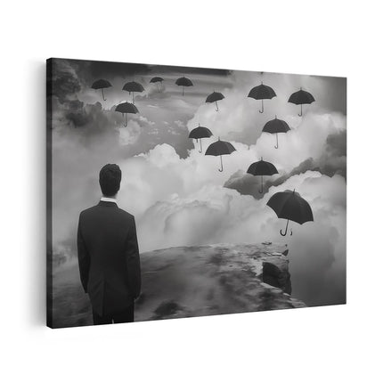 Canvas schilderij vooraanzicht Man in een Pak Kijkend naar Paraplu's die in de Lucht Vliegen