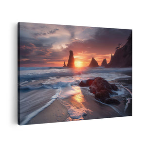 Canvas schilderij vooraanzicht De Zon gaat onder boven een Strand