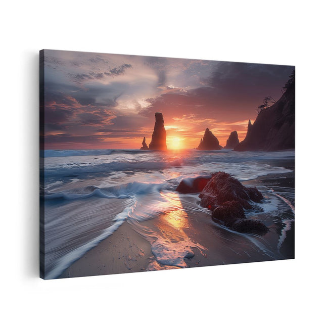 Canvas schilderij vooraanzicht De Zon gaat onder boven een Strand