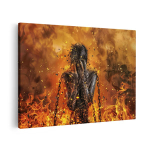 Canvas schilderij vooraanzicht Vrouw is Vastgeketend aan een Vuur