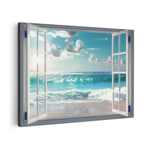 Canvas schilderij vooraanzicht Open Raam met Uitzicht op de Oceaan