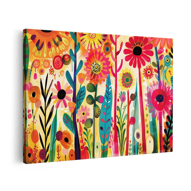 Canvas schilderij vooraanzicht Kleurrijke Bloemen in een Veld