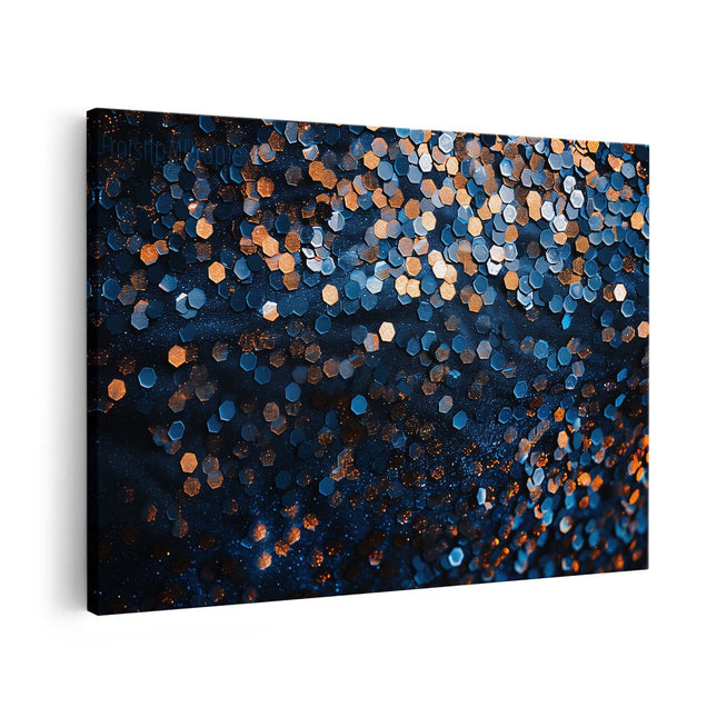 Canvas schilderij vooraanzicht Blauwe en Oranje Achtergrond met veel Glitters
