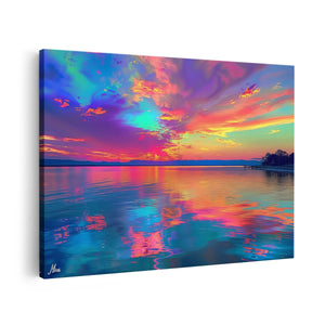 Canvas schilderij vooraanzicht Kleurrijke Zonsondergang over een Watermassa