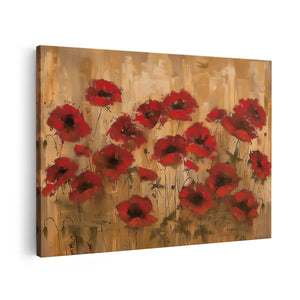 Canvas schilderij vooraanzicht Rode Papavers op een Bruine Achtergrond