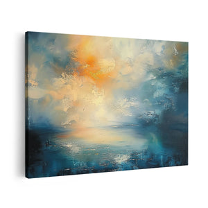 Canvas schilderij vooraanzicht Abstract Kunstwerk van een Zonsopgang boven een Meer