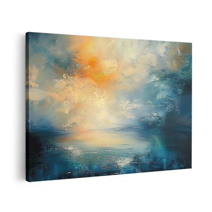 Canvas schilderij vooraanzicht Abstract Kunstwerk van een Zonsopgang boven een Meer