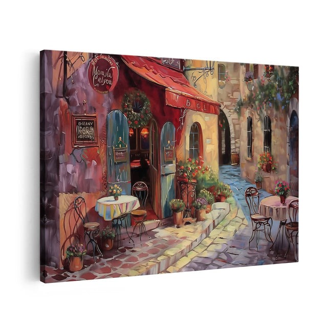 Canvas schilderij vooraanzicht Kunstwerk van een Café met Tafels en Stoelen