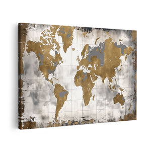 Canvas schilderij vooraanzicht Gouden Wereldkaart op een Witte Achtergrond
