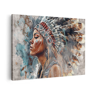 Canvas schilderij vooraanzicht Indiase Vrouw Draagt ​​Een Gevederde Hoofdtooi