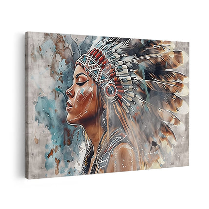 Canvas schilderij vooraanzicht Indiase Vrouw Draagt ​​Een Gevederde Hoofdtooi