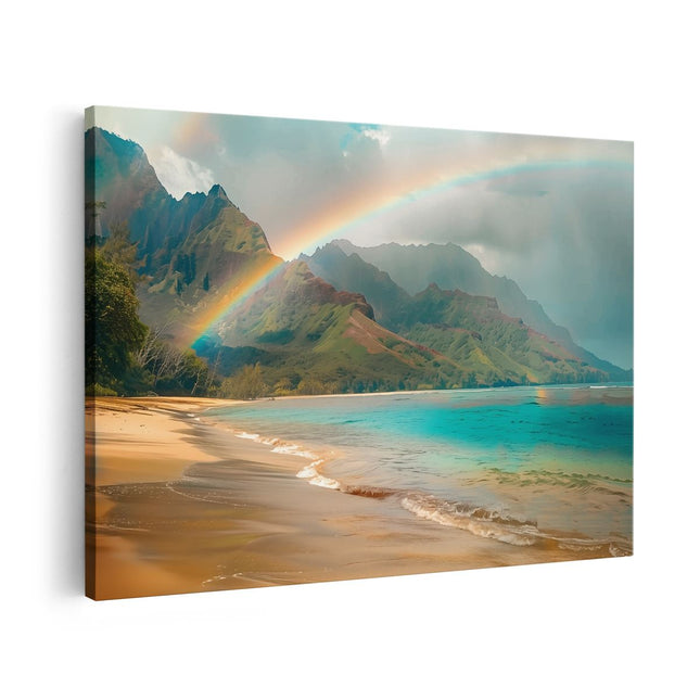 Canvas schilderij vooraanzicht Regenboog boven een Strand in Hawaï
