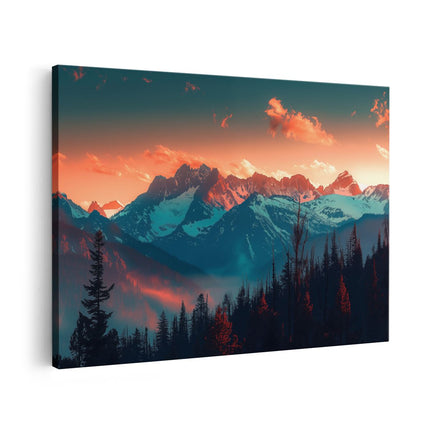 Canvas schilderij vooraanzicht Bergketen bij Zonsondergang