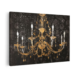Canvas schilderij vooraanzicht Gouden Kroonluchter op een Zwarte Achtergrond
