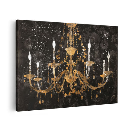 Canvas schilderij vooraanzicht Gouden Kroonluchter op een Zwarte Achtergrond