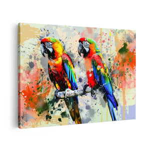 Canvas schilderij vooraanzicht Twee Kleurrijke Papegaaien op een Tak