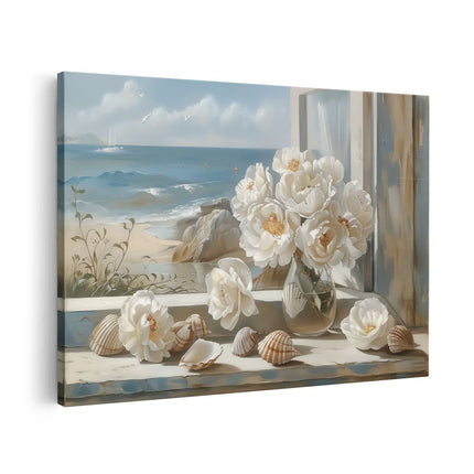 Canvas schilderij vooraanzicht Witte Bloemen en Schelpen op een Vensterbank