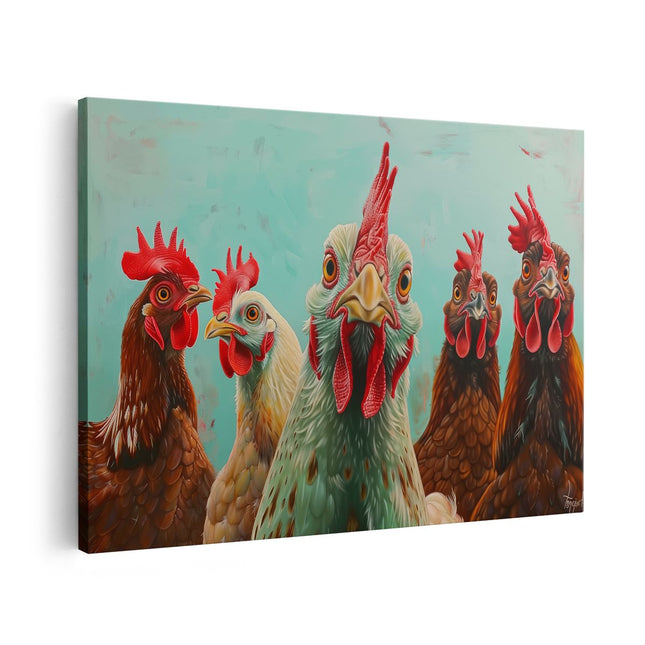 Canvas schilderij vooraanzicht Kunstwerk van een Groep Kippen