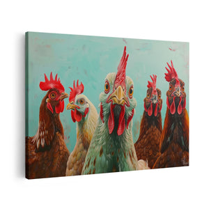 Canvas schilderij vooraanzicht Kunstwerk van een Groep Kippen