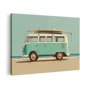 Canvas schilderij vooraanzicht Vw Bus met een Surfplank Erop