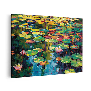 Canvas schilderij vooraanzicht Kleurrijke Waterlelies in een Vijver
