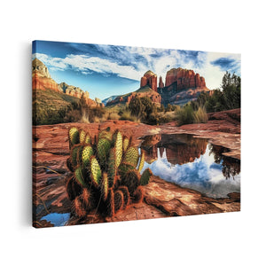 Canvas schilderij vooraanzicht Cactusplant Wordt Weerspiegeld in een Vijver in Sedona, Arizona