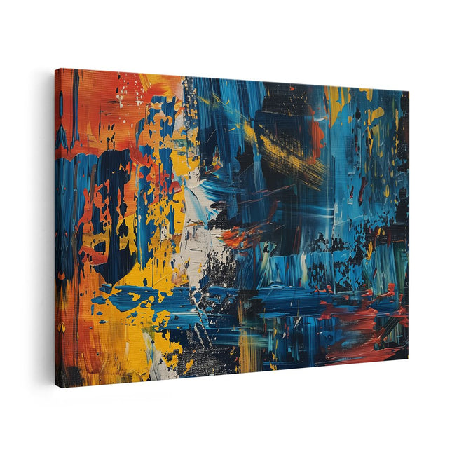 Canvas schilderij vooraanzicht Abstract Kunstwerk met Blauwe, Gele en Rode Kleuren