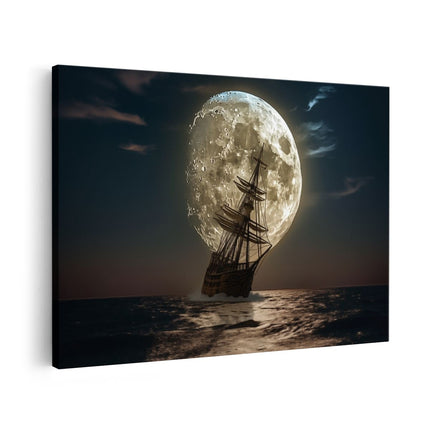 Canvas schilderij vooraanzicht Schip in de Oceaan met een Volle Maan