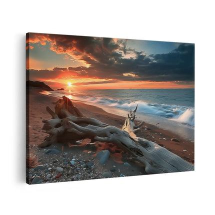 Canvas schilderij vooraanzicht Drijfhout op een Strand bij Zonsondergang