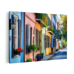 Canvas schilderij vooraanzicht Kleurrijke Huizen in een Straat in Charleston, Zuid-Carolina