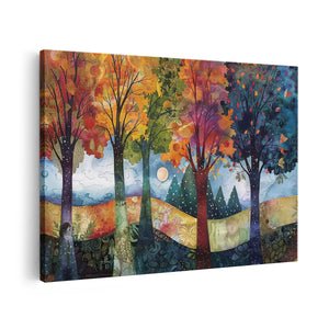 Canvas schilderij vooraanzicht Kleurrijke Bomen in een Veld