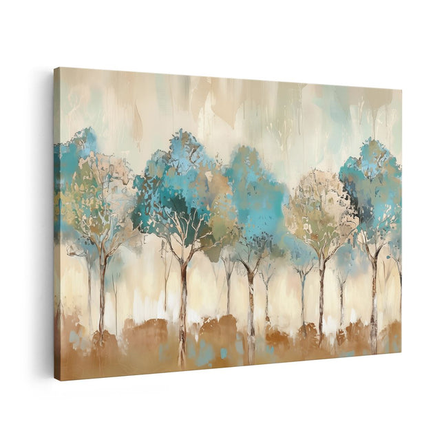 Canvas schilderij vooraanzicht Kunstwerk van Bomen in Blauw, Bruin en Bruin