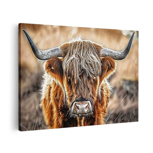 Canvas schilderij vooraanzicht Schotse Hooglandkoe met Lange Hoorns