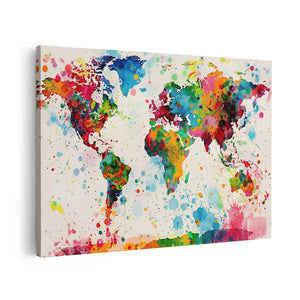 Canvas schilderij vooraanzicht Kleurrijke Wereldkaart met Verfspatten