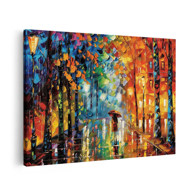 Canvas schilderij vooraanzicht Kunstwerk van een Vrouw die door een Straat loopt in de Regen