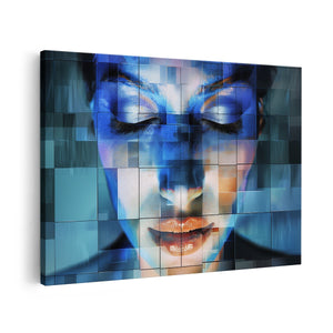 Canvas schilderij vooraanzicht Vrouwengezicht met Blauwe Vierkanten