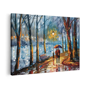 Canvas schilderij vooraanzicht Vrouw die in de Regen loopt met een Paraplu